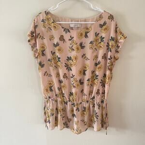 Loft Floral Smocked Peplum Top Blush Pink Yellow Flutter Sleeve Blouse L